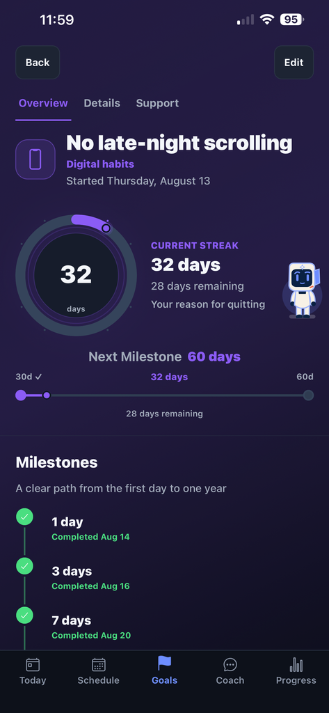 Auvoren quit tracker showing a sample streak